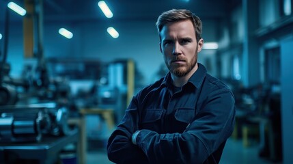 This portrait features a confident European male standing in a workshop. His serious expression and strong posture convey professionalism in an industrial setting.