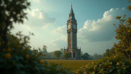 An Elegant and Tall Clock Tower Protruding from the Ground, Surrounded by Nature and Symbolizing Time