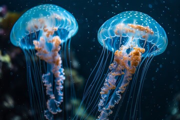 Two graceful jellyfish gracefully float through the tranquil waters of an aquarium, showcasing their vibrant colors against a dark backdrop