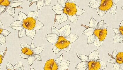 Daffodils Pattern on Linen Fabric textile background, Vintage Botanical modern floral stylish Design illustration for decoration, wall decor, wallpaper, cover, banner, poster, card