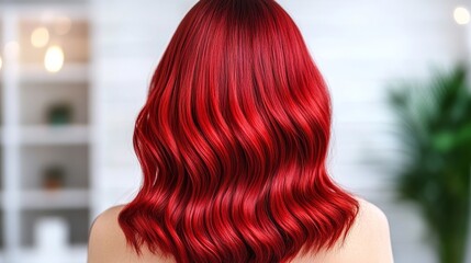 Wavy burgundy hair with vibrant red and plum undertones, styled in loose curls, glowing in soft indoor lighting, creating a warm and bold look 