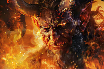 Scary sinister devil is in hell with dramatic fire lighting on the background