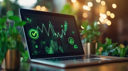 A stock graph charting green business initiatives displayed on a laptop screen amidst digital sustainability icons