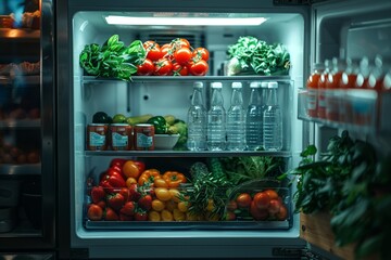 A well-organized refrigerator filled with fresh vegetables and fruits, showcasing vibrant colors and healthy options in an indoor kitchen setting