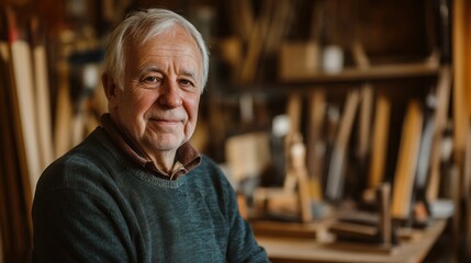 A warm portrait of an elderly male carpenter in his workshop, showcasing his experience and passion for woodworking. Perfect for craftsmanship themes.