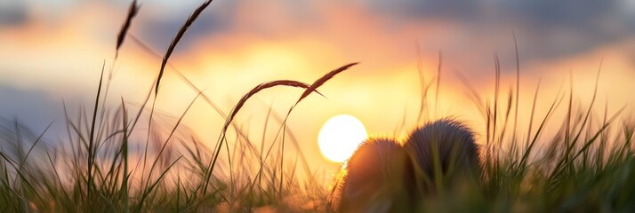 Sticker -  The sun sets behind a grassy expanse, featuring tall foreground grasses and a softly blurred sky