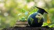 © Ram - Eco education concept, sustainable learning for a greener planet, earth model with graduation cap, plant growth, environmental education, books, knowledge, and nature