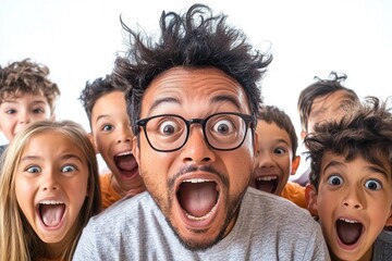 A surprised man and six excited kids with wide open mouths express joy and astonishment, creating a lively and humorous group portrait.