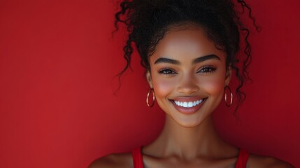 Wall Mural - Woman with dark hair and a red background. She is smiling and has her mouth open. She is wearing a red shirt. a beautiful female model in a neat red outfit smiling against a red background