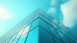 © nimaxs - A close-up of the corner of a sleek modern office building, with angled glass panes catching reflections of nearby structures, leaving copy space in the sky and surrounding area