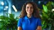 © Seree  - Confident Hispanic woman in blue polo shirt smiling at the camera, standing in a modern office setting with plants in the background. This image represents success, confidence, and professionalism.