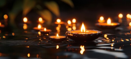 Floating candles illuminate a tranquil water surface surrounded by darkness during a festive evening celebration Diwali