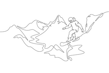 Wall Mural - Continuous one line drawing downhill on a snowboard. Snowboarder in the mountains. Mountain landscape. Extreme.  One continuous line isolated minimal illustration.