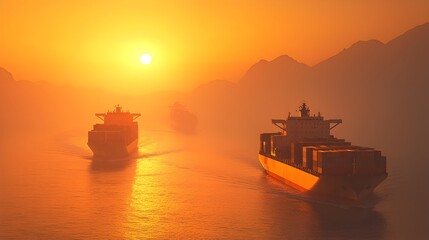 Fototapete - Aerial panoramic view of multiple cargo ships and vessels navigating through a busy maritime trade route or shipping lane