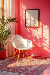 A white chair sitting in front of a pink wall next to a window