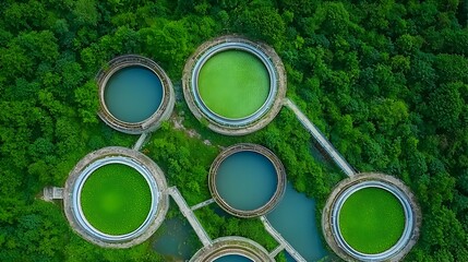 Poster - Aerial perspective of a wastewater treatment facility featuring a series of circular sedimentation tanks for water purification and environmental sustainability