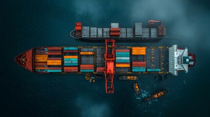 Leinwandbilder - Aerial perspective showcasing the dynamic at a thriving transshipment hub with cargo containers being transferred between ships and various transportation modes
