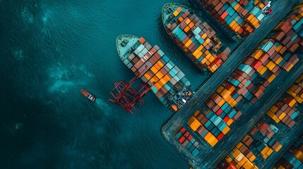 Leinwandbilder - Aerial View of a Busy Transshipment Hub Showcasing the Seamless Transfer of Cargo Containers Between Ships and the Efficient Logistics Network Powering Global Trade