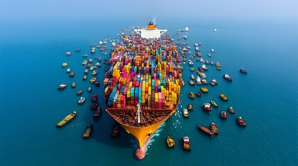 Aufkleber - Aerial view of a congested shipping lane with a queue of cargo ships waiting to enter the bustling port