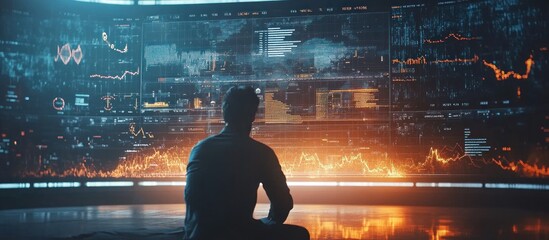 Wall Mural - silhouetted man seated in front of a large screen with data visualizations and charts.