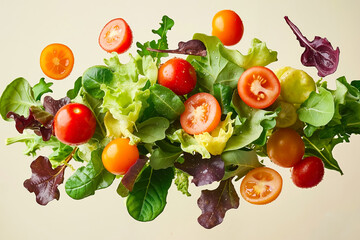 A bunch of tomatoes and lettuce flying in the air