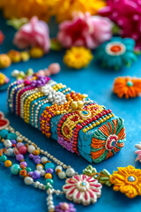 A colorful beaded necklace on a blue surface surrounded by flowers