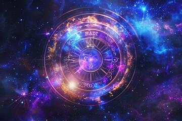 Astrological composition with zodiac circle in signs and symbols