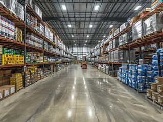 A spacious warehouse filled with organized shelves of various products and supplies.