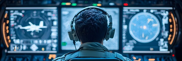 Fototapete - Close up view of a high tech control station for operating advanced combat drones in military surveillance and reconnaissance missions  The digital interface displays critical flight data