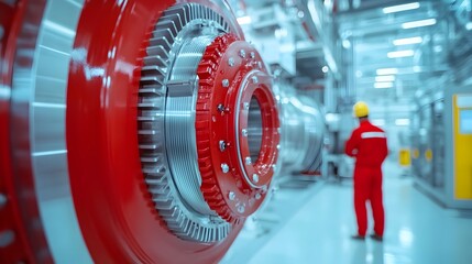Poster - Close up view of rotating machinery gears and mechanical components within an industrial refinery plant captured in motion to showcase the inner workings and automation of the production process