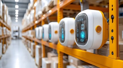 Aufkleber - Close up view showcasing an array of IoT temperature sensors installed in an industrial warehouse environment