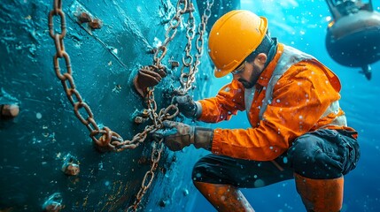 Poster - Closeup view of workers securing cargo containers with sturdy metal chains and latches on the deck of a large commercial shipping vessel in a busy harbor or port facility