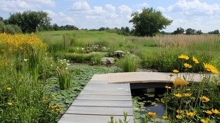 Constructed wetland system designed for natural wastewater treatment and ecological and sustainable environmental practices