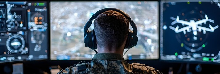 Poster - Detailed Close up View of a High Tech Combat Drone Control Station in the Sophisticated Interfaces and Displays Used to Pilot and Manage Unmanned Aerial Vehicles in Military Conflict Scenarios