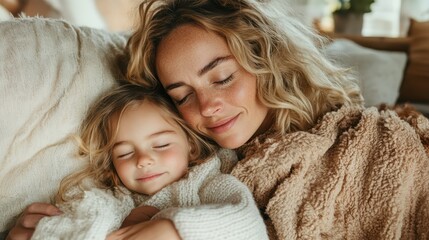 A mother and daughter rest together on a couch, wrapped in cozy blankets, with serene expressions, sharing a moment of deep love and warmth in their bond.