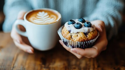 A person holds a latte art coffee cup and a blueberry muffin, showcasing a warm and cozy snack experience in a casual setting with natural lighting.