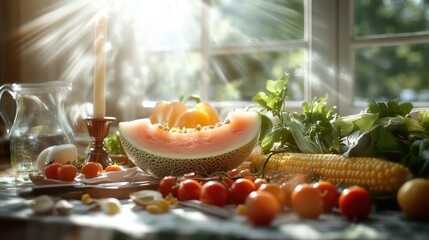 An artistic display of halved melon, corn, tomatoes, and fresh herbs on a dining table, illuminated by soft natural light streaming through a window.