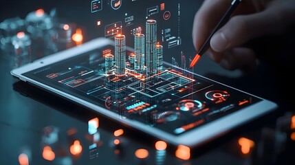 Aufkleber - Emerging abstract 3D charts graphs and data visualizations from a digital tablet on a sleek dark minimalist surface  Conceptual showcasing innovative analytics and corporate business technology