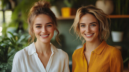 Two smiling women, side by side, in a plant-filled room. Their relaxed, happy expressions suggest friendship or professional success in a bright, welcoming space