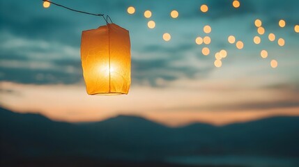 Poster - Ethereal Lantern Floating in the Nighttime Sky Representing Dreams and Hope Taking Flight  The serene and luminous image captures the symbolic release of a paper lantern