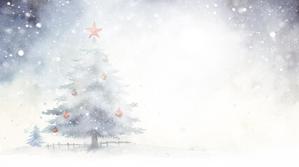 Wall Mural - watercolor illustration, decorated Christmas tree, light white background copy space. greeting card, postcard