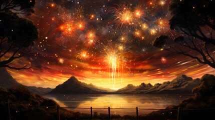 Wall Mural - Spectacular fireworks in the night sky with a lake and mountains in the background