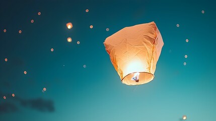 Poster - Glowing lantern floating in the tranquil night sky symbolizing dreams hopes and spiritual taking flight  Serene and ethereal atmosphere evoking a sense of peace contemplation