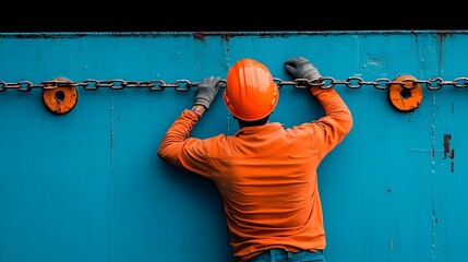 Poster - Hardworking dockworkers carefully securing cargo containers on a large shipping vessel using heavy duty metal chains and latches to ensure safe transport of goods and materials