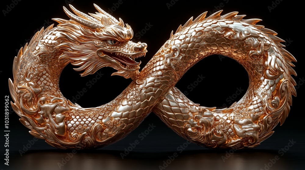 A full body gold dragon in an infinity pose with 3D rendering ...