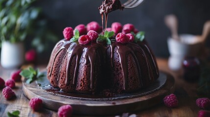 Chocolate Bundt Cake with Raspberry Topping and Ganache Drizzle