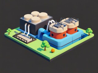 Low Poly 3D Model of a Factory on a Green Island