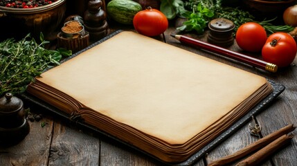 Wall Mural - Open Recipe Book, Fresh Herbs, Spices, and Vegetables on Rustic Wooden Table With Copy Space