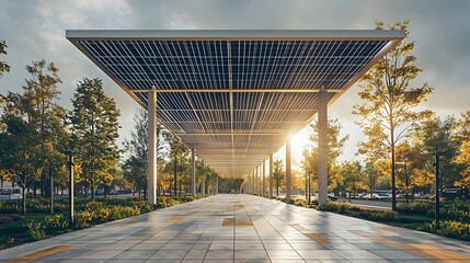 Futuristic Solar Canopy Shading a Vibrant Public Plaza with Renewable Energy