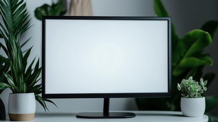 Screen mockup of office pc in company office. Lush houseplants near computer display on table template advertising image. Business technology monitor mock up product photorealistic